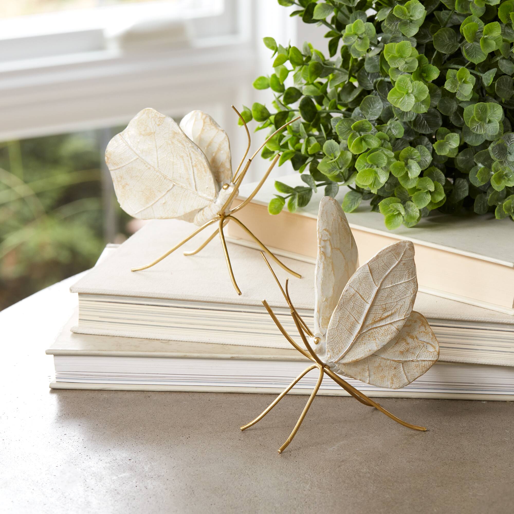 White & Gold Leaf Butterfly Shelf Sitter Set